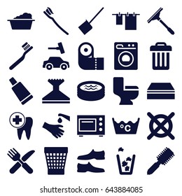 Clean icons set. set of 25 clean filled icons such as hair brush, toothbrush, cream tube, window squeegee, dustpan, sponge, cloth hanging, laundry, car wash, paper towel