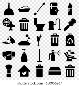 Clean icons set. set of 25 clean filled icons such as trash bin, diaper, baby bath, hair brush, shaving brush, brush, soap, cotton buds, mop, dustpan, sponge, toilet