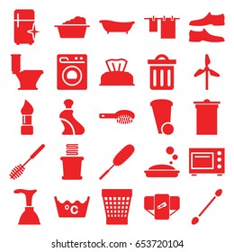 Clean icons set. set of 25 clean filled icons such as diaper, baby napkin, hair brush, brush, cream tube, cotton buds, soap, plunger, trash bin, toilet, cloth hanging, laundry