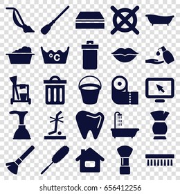Clean icons set. set of 25 clean filled icons such as bucket, trash bin, shower, shaving brush, brush, plunger, cleaning tools, mop, sponge, laundry, vacuum cleaner