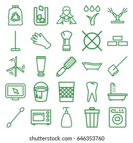 Clean icons set. set of 25 clean outline icons such as trash bin, shower, brick wall, cream tube, hair brush, shaving brush, soap, cotton buds, gloves, mop, dustpan, bucket