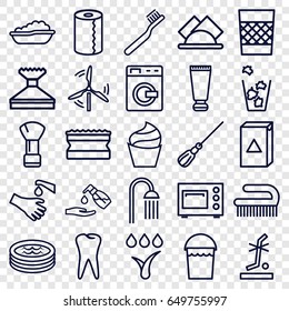 Clean icons set. set of 25 clean outline icons such as washing machine, baby bath, cream tube, shaving brush, cream, toothbrush, bucket, mop, window squeegee, sponge