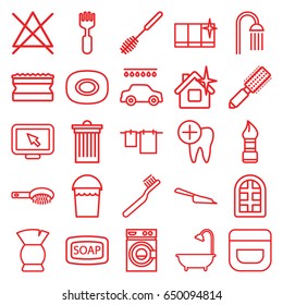 Clean icons set. set of 25 clean outline icons such as window, soap, hair brush, brush, toothbrush, cream, soap, dustpan, bucket, trash bin, cloth hanging, toilet brush