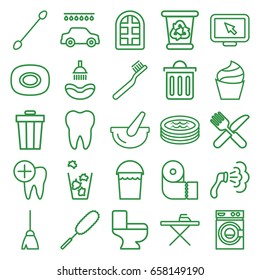 Clean icons set. set of 25 clean outline icons such as window, soap, shower, cream, toothbrush, cotton buds, broom, bucket, recycle bin, ironing table, washing machine