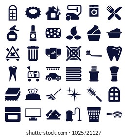 Clean icons. set of 36 editable filled clean icons such as window, towels, diaper, baby napkin, cream, vacuum cleaner, laundry, car wash, clean house, trash bin