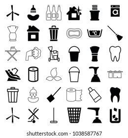 Clean icons. set of 36 editable filled and outline clean icons such as mill, trash bin, shower, plunger, dustpan, clean house, paper towel, towels, bucket, cream tube