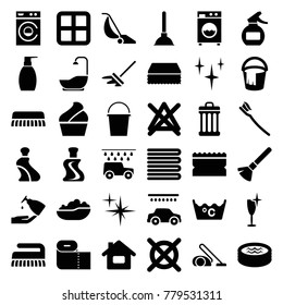 Clean icons. set of 36 editable filled clean icons such as window, towels, shaving brush, cream tube, sponge, bucket, clean, washing machine, bottle soap, car wash