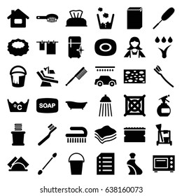 Clean icons set. set of 36 clean filled icons such as baby napkin, soap, hair brush, spray bottle, cream tube, toothbrush, cotton buds, soap, cleaning tools, sponge, bucket