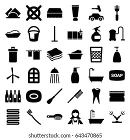 Clean icons set. set of 36 clean filled icons such as mill, bottle, trash bin, shower, window, baby bath, cream tube, hair brush, spray bottle, soap, soap, toothbrush, mop