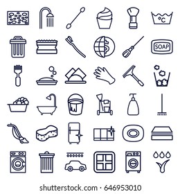 Clean icons set. set of 36 clean outline icons such as window, soap, shaving brush, cream, cotton buds, gloves, soap, window squeegee, cleaning tools, broom, mop, sponge