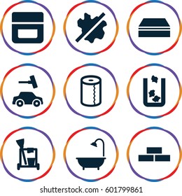 clean icons set. Set of 9 clean filled icons such as trash bin, brick wall, cream, cleaning tools, sponge, no wash, car wash, paper towel