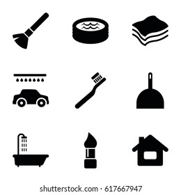 Clean icons set. set of 9 clean filled icons such as shower, shaving brush, brush, toothbrush, dustpan, car wash, jacuzzi, sponge