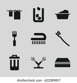 Clean icons set. set of 9 clean filled icons such as trash bin, sponge, cloth hanging, laundry, clean brush, fork, tooth brush, bin