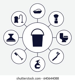 Clean icons set. set of 9 clean filled icons such as baby bath, shaving brush, spray bottle, toothbrush, bucket, window squeegee, vacuum cleaner