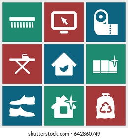 Clean icons set. set of 9 clean filled icons such as ironing table, paper towel, trash bag, man shoe, eco house