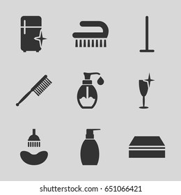 Clean icons set. set of 9 clean filled icons such as shower, toothbrush, mop, sponge, bottle soap
