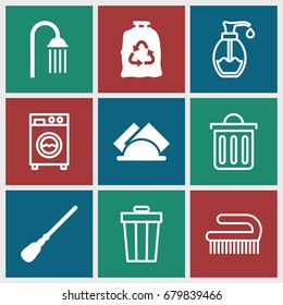 Clean icons set. set of 9 clean filled and outline icons such as mop, shower, trash bag, napkin, clean brush, soap, delete trash bin, washing machine