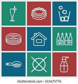 Clean icons set. set of 9 clean outline icons such as bottle, hair brush, bottle soap, sponge, clean wine glass, no dry cleaning, jacuzzi, trash bin