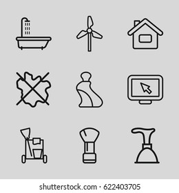 Clean icons set. set of 9 clean outline icons such as shower, shaving brush, cream tube, plunger, cleaning tools, no wash, home, mill