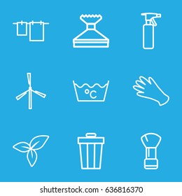 Clean icons set. set of 9 clean outline icons such as mill, shaving brush, spray bottle, gloves, window squeegee, cloth hanging, laundry, leaf
