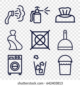 Clean icons set. set of 9 clean outline icons such as baby napkin, cream tube, dustpan, bucket, shower, no dry cleaning, trash bin, spray bottle