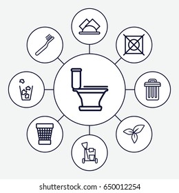 Clean icons set. set of 9 clean outline icons such as toothbrush, cleaning tools, toilet, no dry cleaning, trash bin, leaf