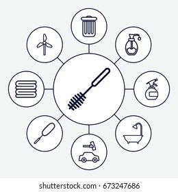 Clean icons set. set of 9 clean outline icons such as spray bottle, towels, toilet brush, car wash, dust brush, shower, soap, trash bin