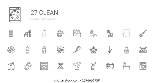 clean icons set. Collection of clean with bathtub, soap, detergent, windmill, washing machine, sponge, home, toilet brush, airplane, pet brush. Editable and scalable clean icons.