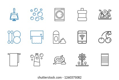 clean icons set. Collection of clean with beach towel, windmill, soap, detergent, towels, cherry, mobile phone, foam, toilet paper, cotton swab. Editable and scalable clean icons.
