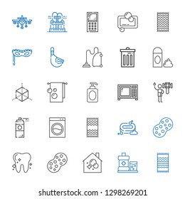 clean icons set. Collection of clean with beach towel, mouthwash, housekeeping, sponge, tooth, soap, washing machine, paint spray, shower, microwave. Editable and scalable clean icons.