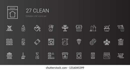clean icons set. Collection of clean with beach towel, washing machine, waste, laundry, window cleaner, broom, recycle bin, sponge, mask, towels. Editable and scalable clean icons.
