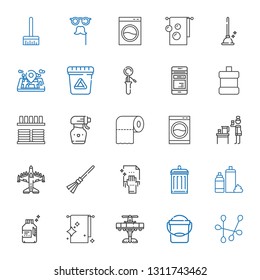 clean icons set. Collection of clean with cotton swab, bucket, airplane, towel, detergent, foam, garbage, cleaning, broom, water, washing machine. Editable and scalable clean icons.