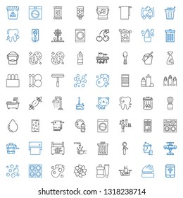 clean icons set. Collection of clean with mobile phone, iron, hand wash, toothpaste, turbine, soap, washing machine, bubbles, airplane, bucket. Editable and scalable clean icons.