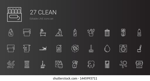 clean icons set. Collection of clean with mobile phone, tooth, spray bottle, detergent, broom, makeup remover wipes, bubbles, water drop, environment. Editable and scalable clean icons.