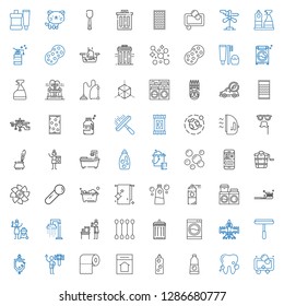 clean icons set. Collection of clean with soap, tooth, detergent, home, toilet paper, shower, urinal, window cleaner, airplane, washing machine. Editable and scalable clean icons.