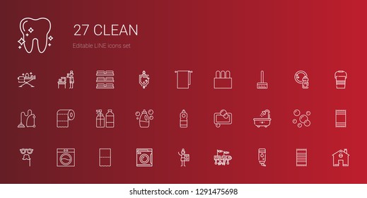 clean icons set. Collection of clean with water, airplane, charcoal, washing machine, toilet paper, mask, bathtub, soap, detergent, spray, vacuum cleaner. Editable and scalable clean icons.