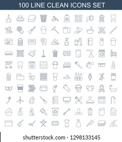 clean icons. Trendy 100 clean icons. Contain icons such as brick wall, sponge, toothbrush, soap, brush, ironing table, mop, dustpan, home, washing machine. clean icon for web and mobile.