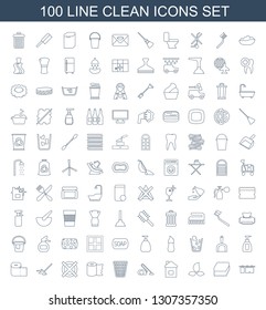 clean icons. Trendy 100 clean icons. Contain icons such as cloth hanging, sponge, leaf, home, vacuum cleaner, trash bin, paper towel, no dry cleaning. clean icon for web and mobile.
