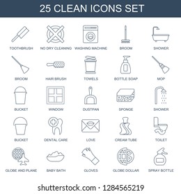 clean icons. Trendy 25 clean icons. Contain icons such as toothbrush, no dry cleaning, washing machine, broom, shower, hair brush, towels, bottle soap. clean icon for web and mobile.