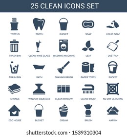 clean icons. Trendy 25 clean icons. Contain icons such as towels, tooth, bucket, soap, liquid soap, trash bin, clean wine glass, washing machine. icon for web and mobile.