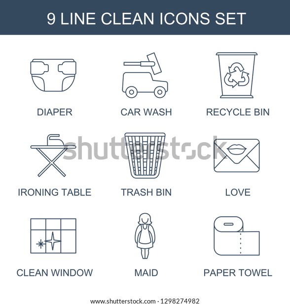 clean icons.\
Trendy 9 clean icons. Contain icons such as diaper, car wash,\
recycle bin, ironing table, trash bin, love, clean window, maid,\
paper towel. icon for web and\
mobile.