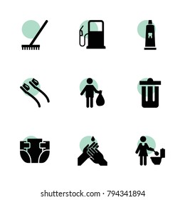 Clean icons. vector collection filled clean icons set.. includes symbols such as trash bin, man with garbage, rake, toothbrush. use for web, mobile and ui design.