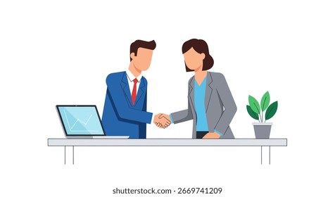 Uma ilustração limpa representa uma reunião de negócios que culmina em um aperto de mão. Um homem e uma mulher, em trajes profissionais, fecham um acordo, representando acordo, parceria e sucesso empresarial. A