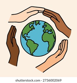 Clean illustration of diverse hands forming circle around earth symbol, unity theme