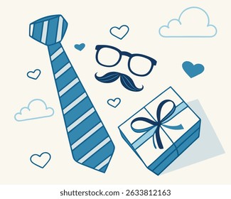 Clean illustration of Father's Day elements: a striped tie, glasses, mustache, gift box, clouds, and hearts in blue hues on an off-white background. Perfect for cards, banners, and digital graphics.