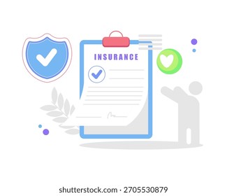 A clean illustration of an insurance document with checkmarks, a shield icon, and a figure symbolizing protection, security, and approval.