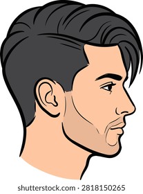 Clean illustration of a mans head profile showcasing a fashionable fade haircut with styled top hair and stubble