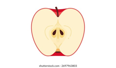 Una ilustración limpia de una manzana roja cortada por la mitad. Esta vista de sección transversal destaca la carne pálida, la estructura central del núcleo y las Pequeñas semillas oscuras, aisladas sobre un fondo liso.