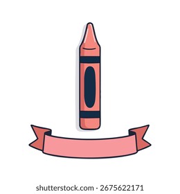 The clean illustration of a single crayon is presented, with a waxy scribble creating a unique banner below. Simple flat Vector style.