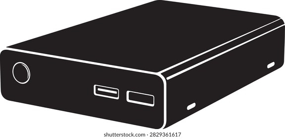 Clean illustration of a sleek black external hard drive featuring USB connectors for data storage and transfer.